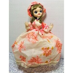 Bradley Vtg 60s Big Eye cloth 11" Doll  Peach flower Dress Southern belle